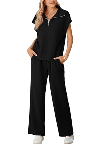 Women 2 Piece Lounge Set 1/4 Zipper Sleeveless Sweatshirt Matching