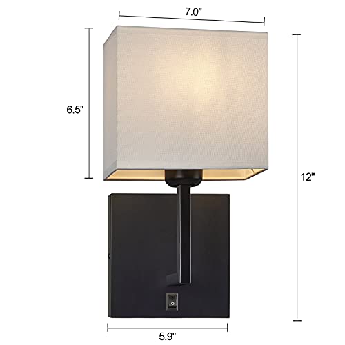 Image of Modern Hard Wired Wall Sconces Set of 2 with on /Off Switch and Square White Fabric Shade,Wall Mounted Light for Living Room Fireplace Mantel Foyer Hallway
