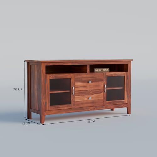Image of Sheesham Wood TV Stand with 2 Door and 2 Drower and Shelf Storage Entertainment Unit Tv Cabinet for Living Room Home (Natural Finish)