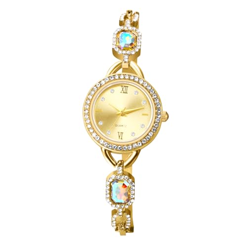 JewelryWe Damenuhr Kleine Diamant Uhren: Glitzer Strass Analog Quarz Armbanduhr Damen Gold Schmales Metallarmband Zierliche Verstellbare Armkette Uhr mit Rechteckigen Farbigen Kristallen