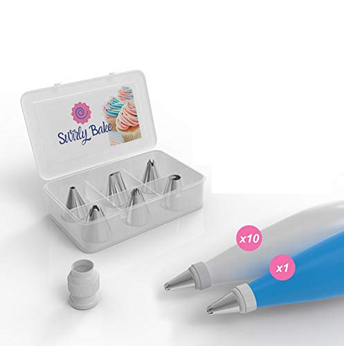 Swirly Bake Juego de 20 piezas para decoración tartas. Boquillas manga pastelera acero inoxidable, 1 bolsa reutilizable, acoplador, 10 bolsas desechables, caja almacenamiento. Libro electrónico