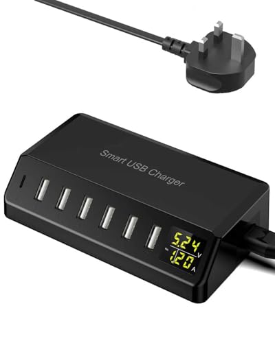 USB Charger 60W 7-Port USB Desktop Charger with LED Screen Multi-Device Charging Station with Real-Time Power Monitoring for Phone Fast Charging Hub for Home Office Travel