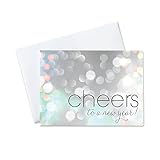 New Year Greeting Cards - N1501. Business Greeting Card with Cheers to the New Year on a Bubbly Background. Box set has 25 Greeting Cards and 26 White with Silver Foil Lined Envelopes.