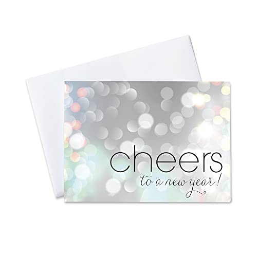 CEO Cards - New Year Greeting Cards (Bubbly Cheers), 5x7 Inches, 25 Cards & 26 White with Silver Foil Lined Envelopes (N1501)
