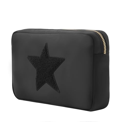 BLOC-Bags-Travel-Makeup-Bag-Cosmetic-Bags-for-Women-Medium-Cute-Toiletry-Bag-Make-up-Bag-Beauty-Bag-with-Chenille-Patch-and-Top-Zipper-Inside-Zipper-Pouch-and-Mesh-Pockets-Black-Star-Black