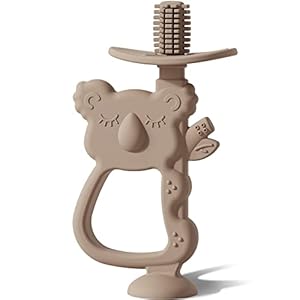 Moonkie Teething Toy, Safe & Easy to Hold BPA Free Silicone Teethers, 360° Baby Toothbrush with Suction Base, Teether Toys Best for Babies 6-12 Months (Koala Warm Taupe)