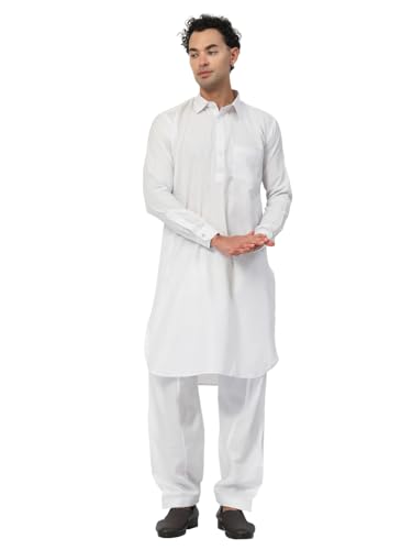 Image of Men's Traditional Pathani Kurta Salwar Set, Red, Long Sleeve, Collared Neck, Cotton Blend, Ethnic Wear