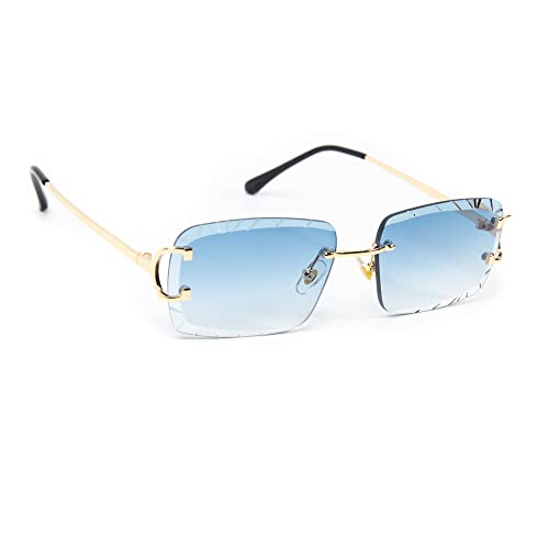 Rimless Gem Cut Unisex Square Trendy Retro 90's Hip Hop Hand Carved lens Baby Blue Tint Lens Gold Wire Frame Sun Glasses Frameless Rectangle Summer Shades Sunglasses For Men And Women3