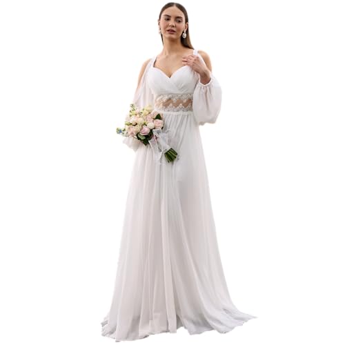 Women Boho Strap Lace Wedding Dress Long Sleeves Dress A-Line Bridal Gown with Adjustable Straps Formal Dress for Engatement