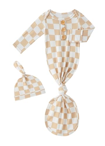 Image of Newborn Baby Girls Knotted Gown Headband/Hat Set Soft Viscose from Bamboo Infant Sleeper Baby Sleep Gown with Mittens