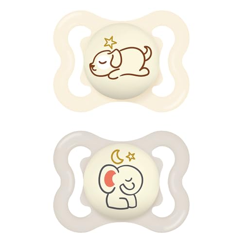 MAM Chupete con Escudo Ventilado, Brilla en la Oscuridad, 2-6 Meses, Tetina Extra Delgada y Flexible de Fácil Aceptación, con Caja Autoesterilizadora, MAM Supreme, Neutro Brillante, Pack 2uds