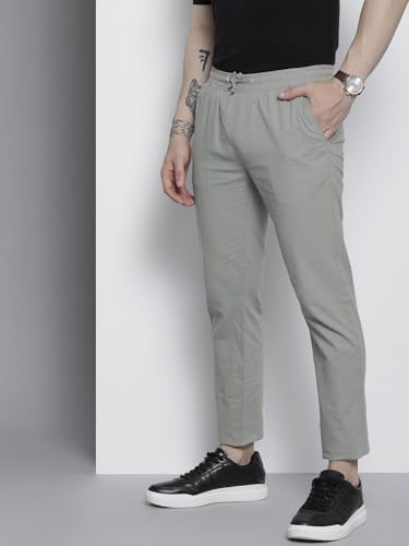 Image of The Indian Garage Co Men Slim Fit Solid Mid-Rise Elasticated Linen Jogger Trouser