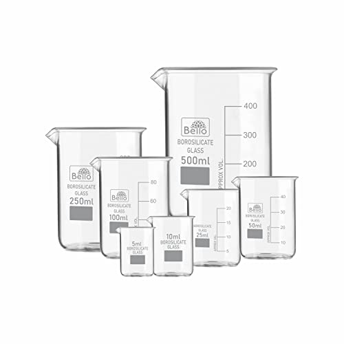 Bello Borosilicate 3.3 Glass Beaker 5 ml, 10ml, 25 ml, 50 ml, 100 ml, 250 ml, 500 ml with Graduation Marks, Beakers Pack of 7 for perfume making Cosmetics collage chemistry lab laboratory