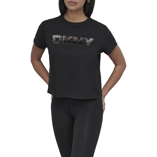 DKNY Womens Ombre Sequin Logo Cropped Short Sleeve Tee T-Shirt, Black and Gunmetal, M UK