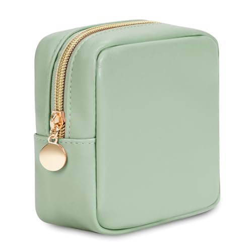 Neceser Maquillaje Mujer Pequeña Portátil Mini Neceser de Cosméticos con Bolsillos Incorporado Bolsa de Cuero Vegano, Verde Patente Pendiente