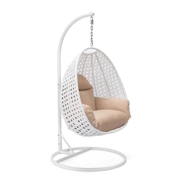 Image of Single Seater Swing Chair with Stand & Cushion Outdoor Indoor Balcony Garden Patio, Powder Coated Frame, UV-Protected Wicker, Premium Cushion, Swing Chair (White::Honey)