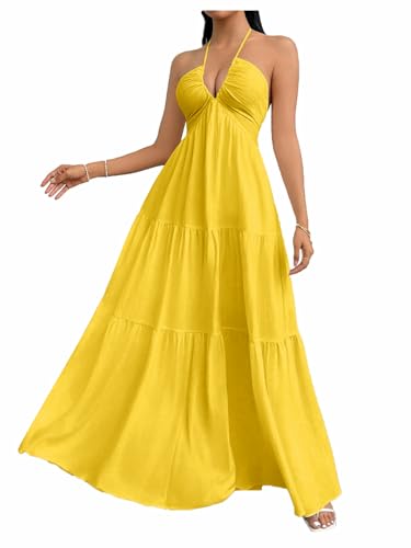 Image of SHENHE Women's Deep V Neck Tie Knot Backless Halter Dress A Line Flowy Ruffle Maxi Dress