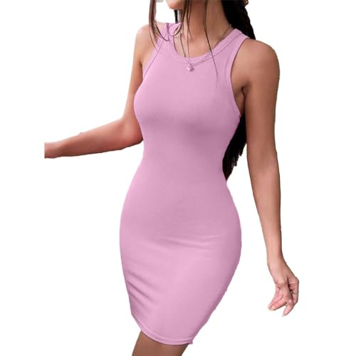 Image of Solid Sleeveless Round Neck Ribbed Western Bodycon Dress For Women