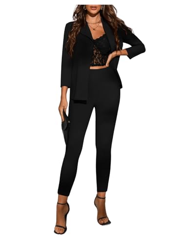 SweatyRocks Women's 2 Piece Elegant Half Sleeve Open Front Collar Neck Blazer and Pants Sets Work Office Suit Set
