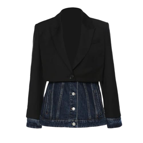 Women's Blazer Denim Patchwork Fake Two-Piece Jacket Color Matching Asymmetric