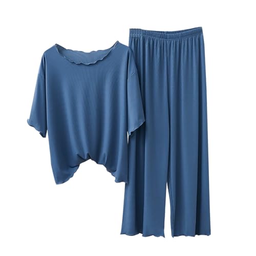 Pijama para mujer, pantalones largos y camiseta de manga corta, camiseta de dormir para mujer, talla grande, ropa de dormir de cuello redondo, traje de casa monocolor, pijama con volantes, pantalones