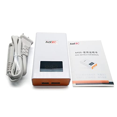 The HOTRC A400 charger alongside its power cable and a printed instruction manual, illustrating the typical package contents.