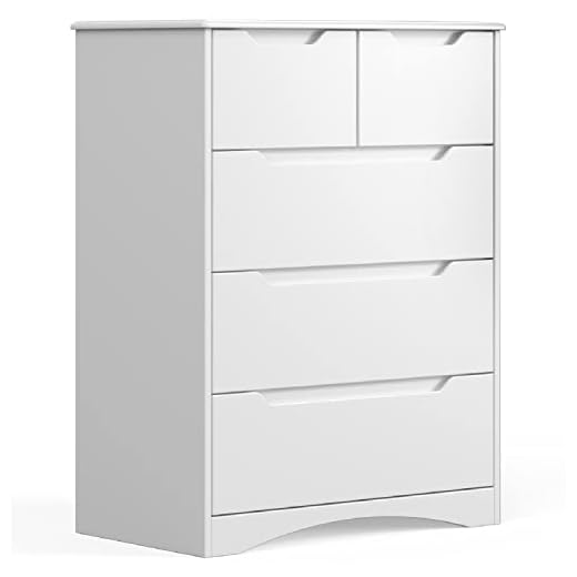 Gizoon 5 Drawers Chest, White Bedroom Drawer Dresser and Organizer with Large Storage Capacity, Embedded Handle, and Sturdy Anti-tripping Device, Modern Design Cabinet for Hallway, Office, Living Room