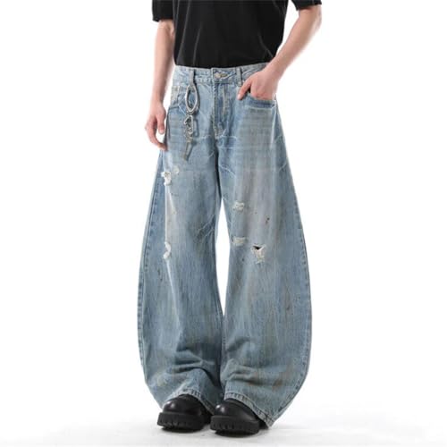 Men’s Niche Design Jeans, Holes Design, Worn-Out Contrast Color, Loose Wide Leg Casual Denim3