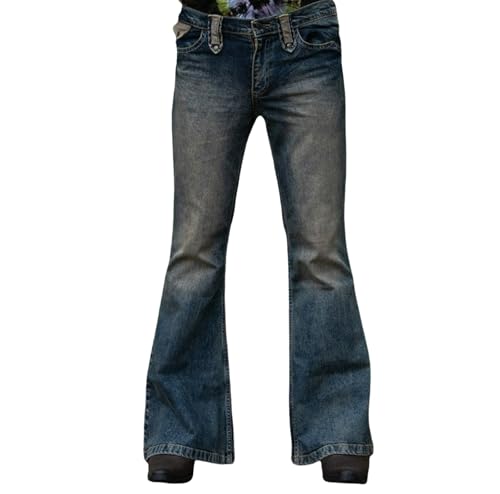 Jeans Pants Trousers Denim Trendy Retro Stretch Grinding Fading Washed Blue High Waist Casual Horn Leg for Men