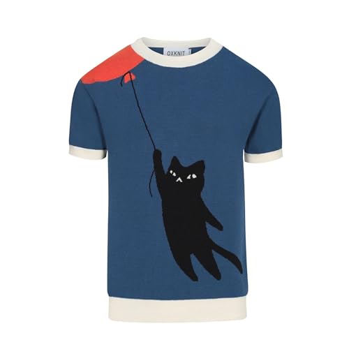 Men's Retro Blue Knitted T-Shirt Short Sleeve, Mod Style Cat Pattern Crewneck Cotton Tops