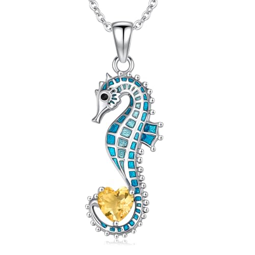 LONAGO Collana con Cavalluccio Marino per Donna 925 Sterline Argento Cavalluccio Marino Blu Che Tiene A Forma Di Cuore Pietra Portafortuna Pendente Collana (Novembre)