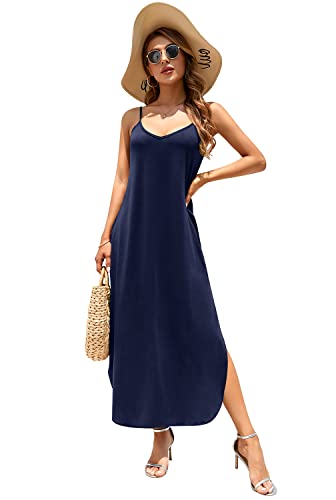 Image of HUSKARY Women's Summer Casual Sleeveless V Neck Strappy Split Loose Dress Beach Cover Up Long Cami Maxi Dresses with Pocket