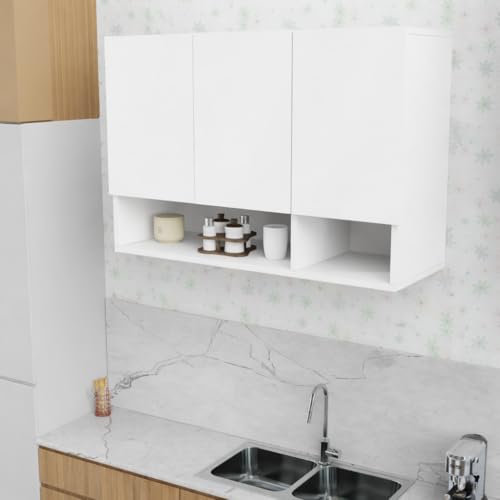 Image of 3 Door Multipurpose Wall Mounted Cabinet with Adjustable Shelf | Storage for Kitchen, Bathroom, Bedroom, Office & Living Room | Assembly-DIY | Color-White | Size-90x33x63.8 Cm