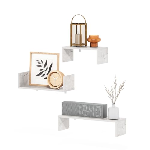 Image of Furinno Rossi Bedroom Decor Wall Mounted Floating Display Shelves with Invisible Brackets, Set of 3, Marble White | 11.7 inch, 15.7 inch, 18.9 inch Width, U-Shape Rectangular Wall Shelf Set, Wall Mounted Shelves, for Bathroom, Home Office, Living Room