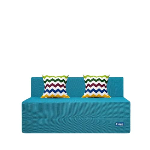 Image of Starlon 3 Seater Sofa Cum Bed Foldable 3-in-1 Sofa Bed with 1 Year Warranty, Washable Jute Fabric Cover & 2 Waves Pillows | Aqua Teal 5x6 Ft