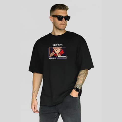 Image of HUMBE Oversized T Shirts for Men Half Sleeve Fit Drop Shoulder Casual T-Shirt | Black Printed Round Neck T-Shirt for Men