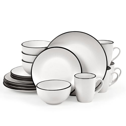 Homlouue 16 Pieces Stoneware Dinnerware Set, Speckled Ceramic Plates and Bowls Mugs Sets Service for 4, Ceramic Dishes Set, Microwave and Dishwasher Safe(White with Black Rim)