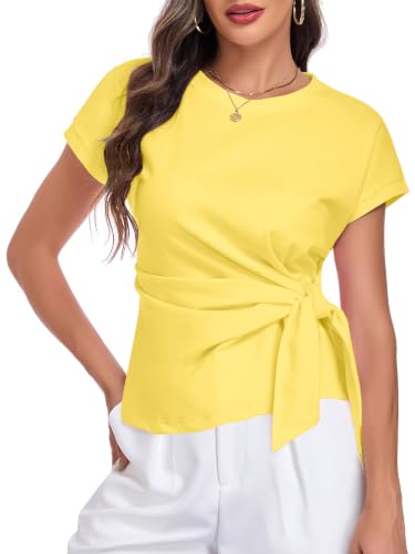 Image of HOTIAN Womens Cap Sleeve T Shirts 2026 Tie Waist Wrap Tops Crew Neck Blouses Dressy Casual Loose Work Business Dressy