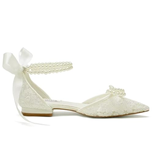 Image of Pearl Wedding Shoes for Bride Flat Lace Bride Shoes Pointed Toe Bridal Flats