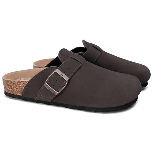 Image of FITORY Womens Clogs Slip-on Potato Shoes Leather Mules Suede Cork Footbed | Comfortable Adjustable Buckles Non-Slip Outsole Casual for Fall Outdoor Walking