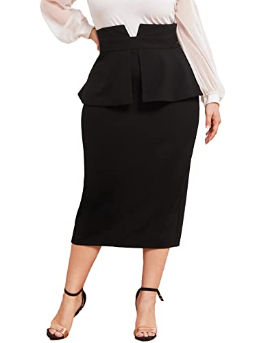 Makemechic Women's Plus Size Elegant High Waist Split Hem Peplum Pencil Skirt Black 2Xl #TOP11