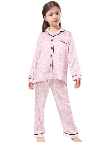 Schbbbta Girls & Women Pajamas Set, 2 Piece Satin Silky Pjs Button-Down Kids Sleepwear, 3 Years - XX-Large3