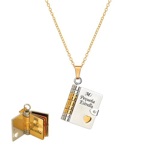 Mi Pequeña Estrella Book Necklace for Daughter, Spanish My Little Star Stainless Steel Engravable 6-Page Openable Adjustable Pendant Gift for Daughters Granddaughter