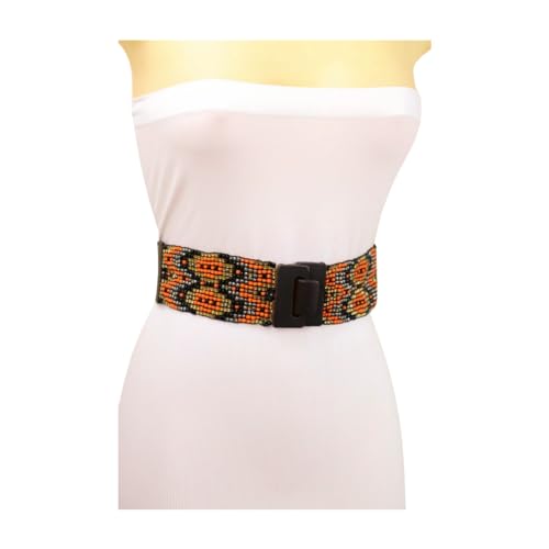 Women Ethnic Fashion Elastic Band Orange Gold Beads Belt Hip Wood Buckle S M3