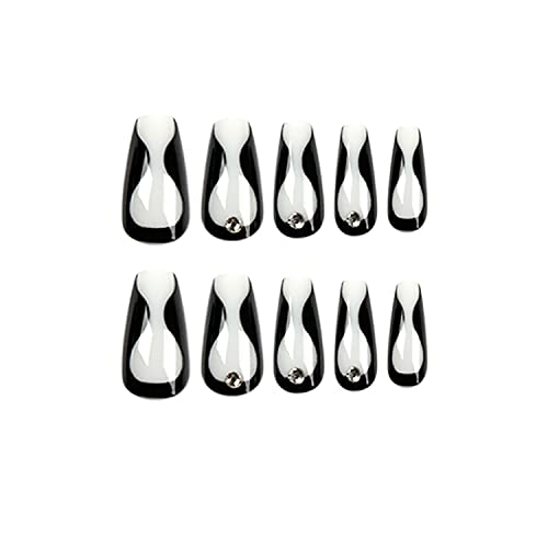 24 Pcs Rhinestone Press On Nails Extra Long Fake Nails Black False Nails French Nail Tips Coffin Shape Ballet Stick On Nails For Women And Girl Diy Manicure Nail Art #TOP3