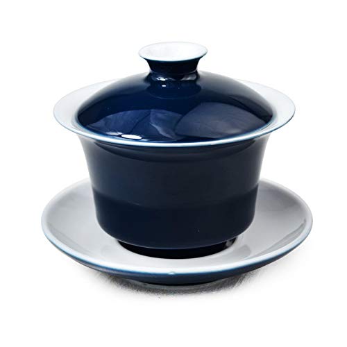 Liang baobao Porcelain Gaiwan 5oz/150ml Teacup White Glazed Tea Cup Tureen Chinese Sancai Cover Bowl Lid Saucer Set (Blue) - Thumbnail 3
