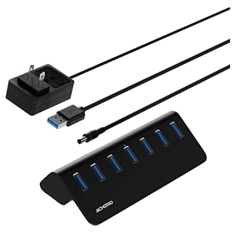 Achoro 7 Ports Powered USB HUB – 2nd Generation 10GB Super Speed External USB Port – USB 3.2 Aluminium USB Hub for Computer, Mac, PCs, Smartphone & Tablets – Computer Multiple USB Hub (Powered Black) Cover