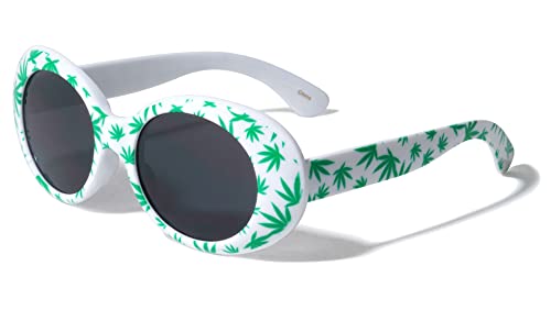 Oval Round White Retro Marijuana Pot Leaf Print Sunglasses Men Women