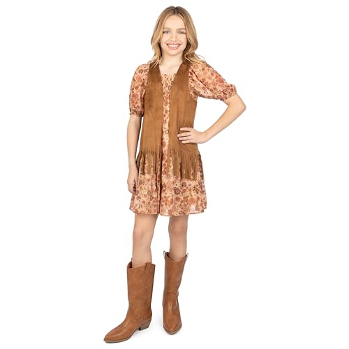 Speechless Girls' Puff Sleeve Smocked Bodice Chiffon Dress and Fringe Vest