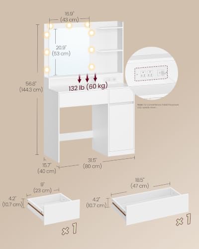 Image of VASAGLE 31.5-Inch Vanity Desk with Mirror and Lights, Power Outlets